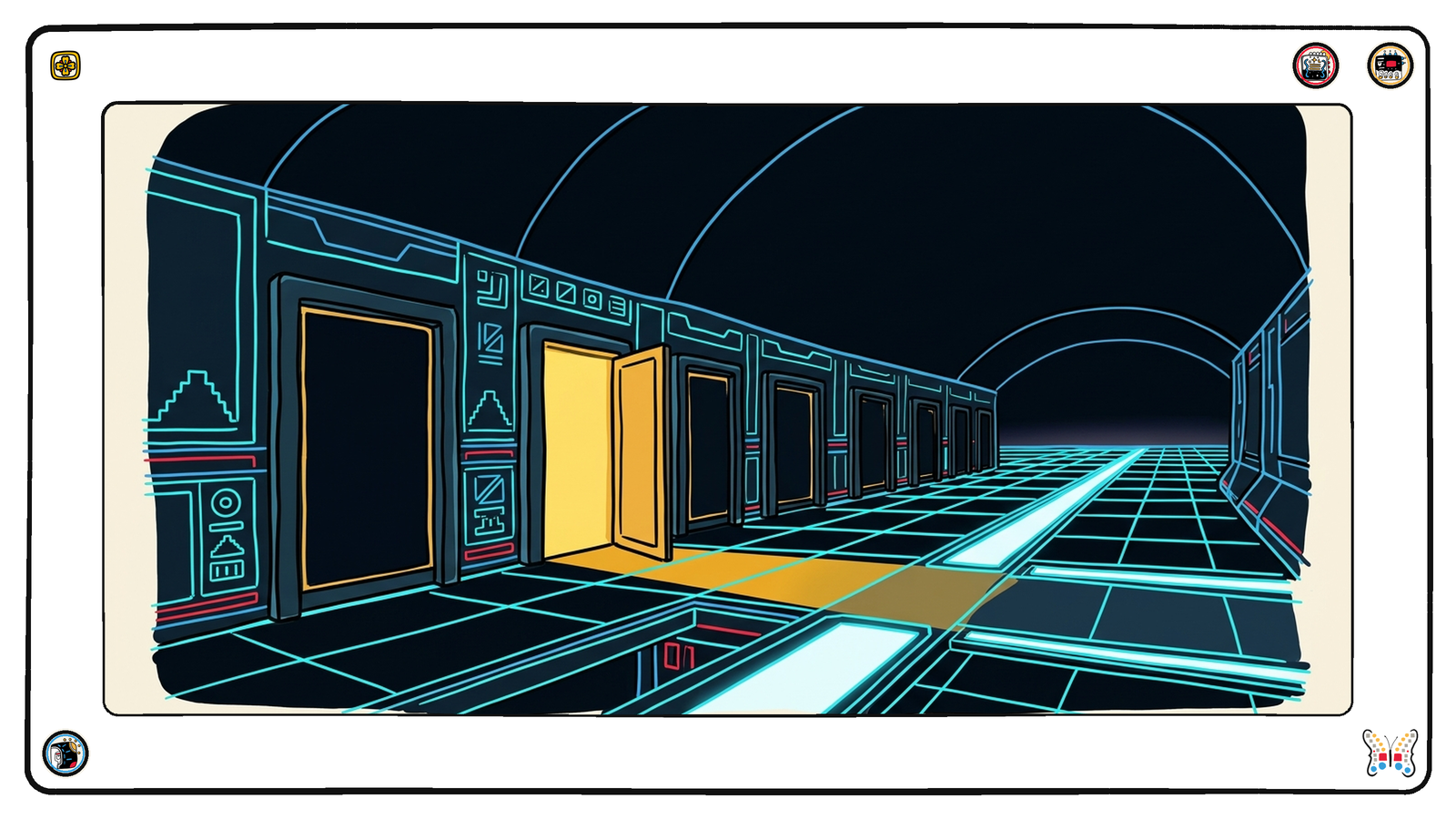 A vaulted vault-floor beneath the neon grid lined with a long row of heavy blank doors, all of them dark and sealed except one standing open and lit gold, the light falling out across the floor.