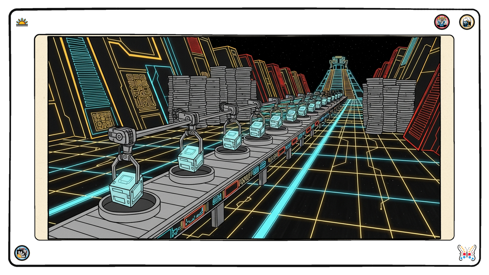 A long assembly line stretching across the dark neon grid, identical small angular modules being fitted onto plain vessels one after another by mechanical arms, the modules glowing faint and utterly ordinary, stacks of spares piled high in the background.