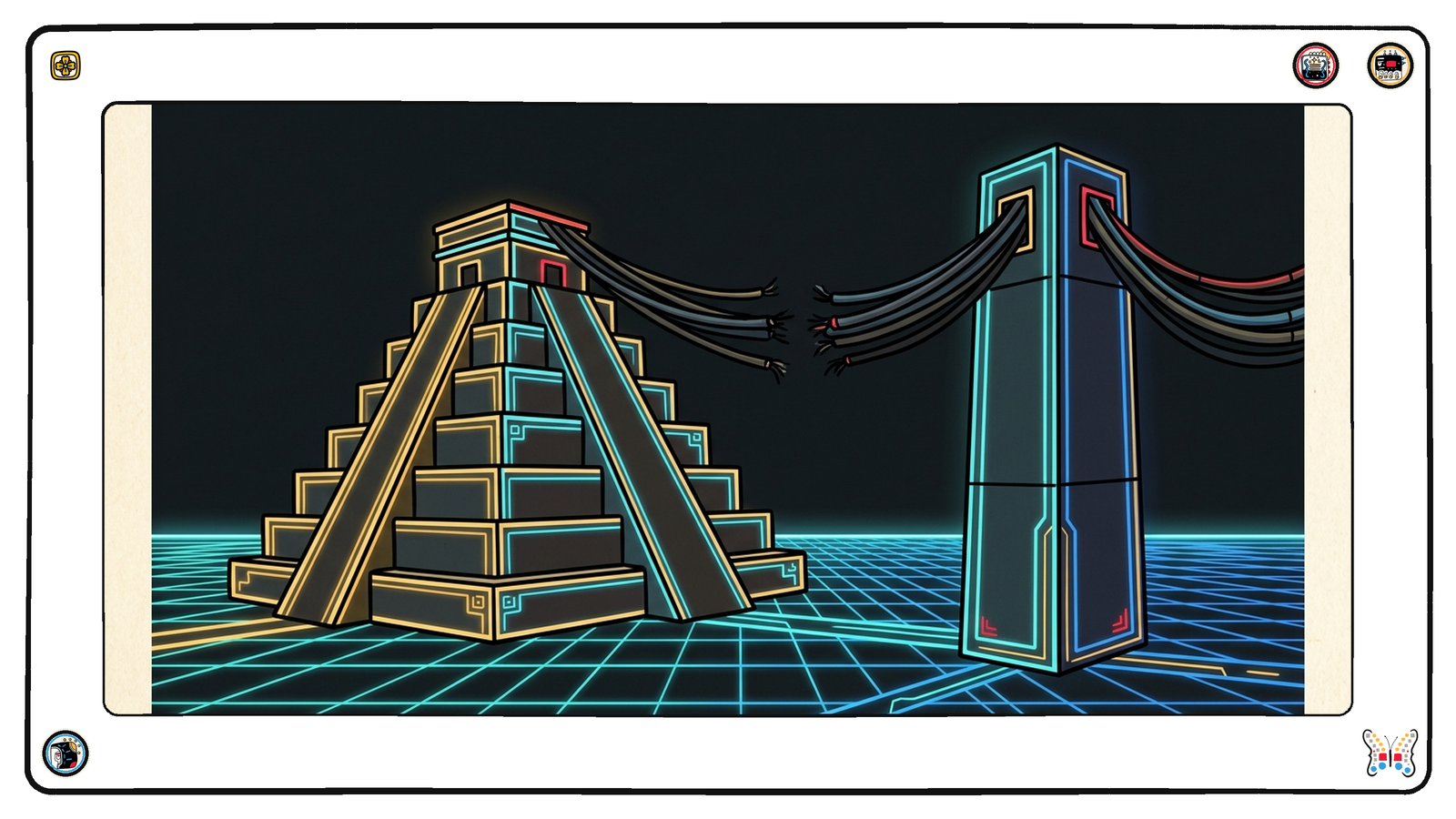 An intact glowing stepped pyramid and a lit monolith standing on the neon grid, a thick bundle of conduits strung between them gone dark and slack, the severed ends hanging loose above the floor.