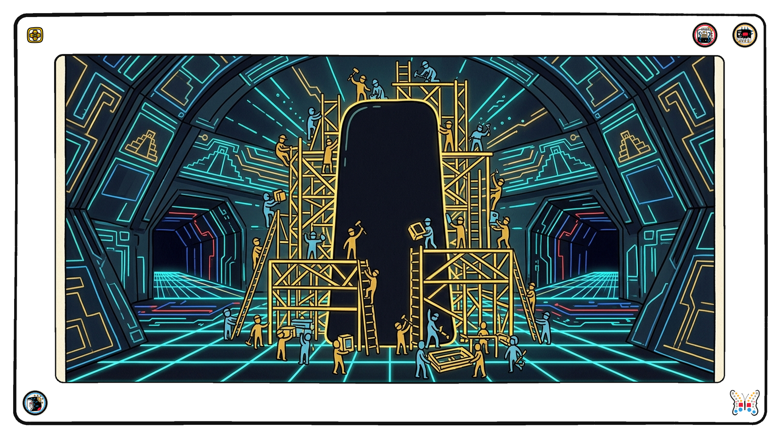 Inside a dark vaulted chamber under the neon grid, a colossal blank black monolith stands untouched at the centre while dozens of small workers swarm a lattice of gold scaffolding, gantries and ladders all around it, dismantling and rebuilding the scaffolding and never touching the monolith itself.