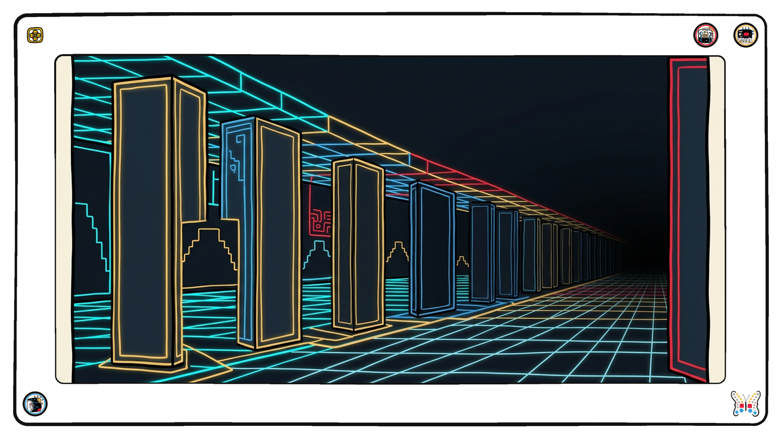 A long subterranean colonnade of tall blank dark monoliths receding into the blackness, their edges traced in cold gold and blue light, standing silent and unmoving while the load-bearing neon grid runs on past all of them.