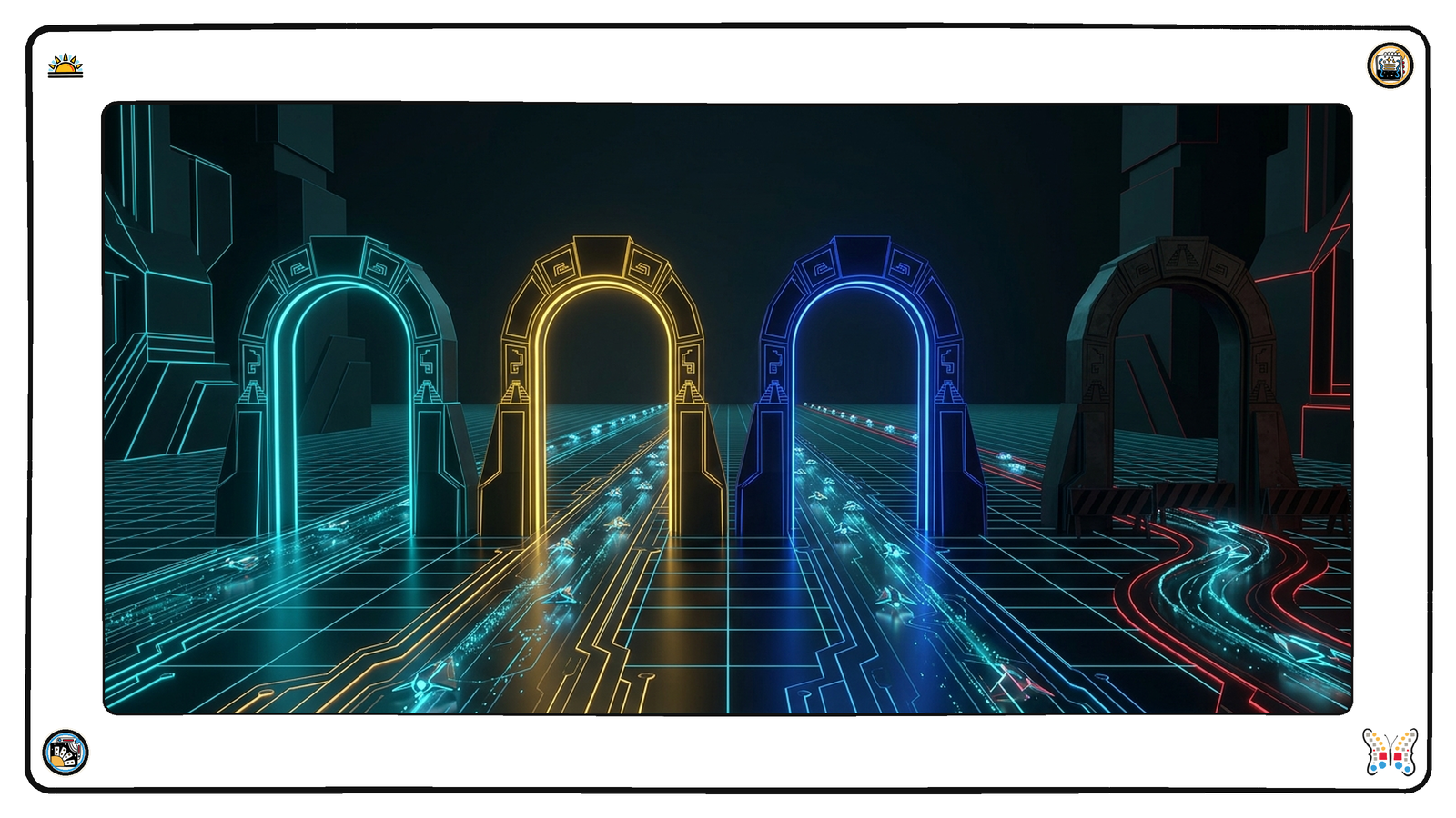Three smooth unmarked glowing toll-arches standing side by side on a dark neon grid, each a different colour, small angular light-vessels flowing steadily through all three, while a fourth older arch stands dark and barricaded with vessels curving away from it.