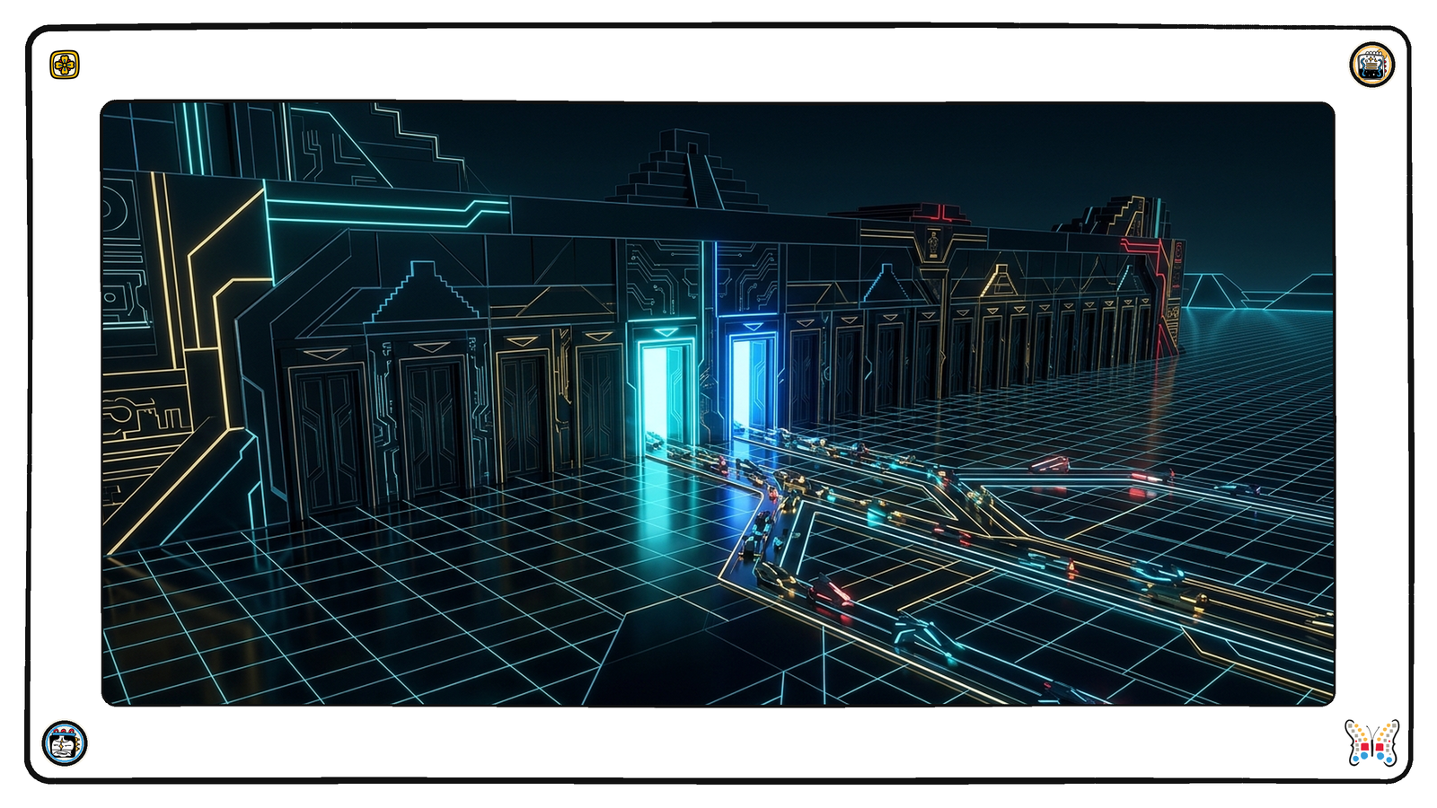 A long row of many narrow individually-lit gates replacing a single enormous doorway on a dark neon grid, most of them closed and dark, only two glowing open, with a stream of small angular light-vessels sorting itself toward the two that are lit.