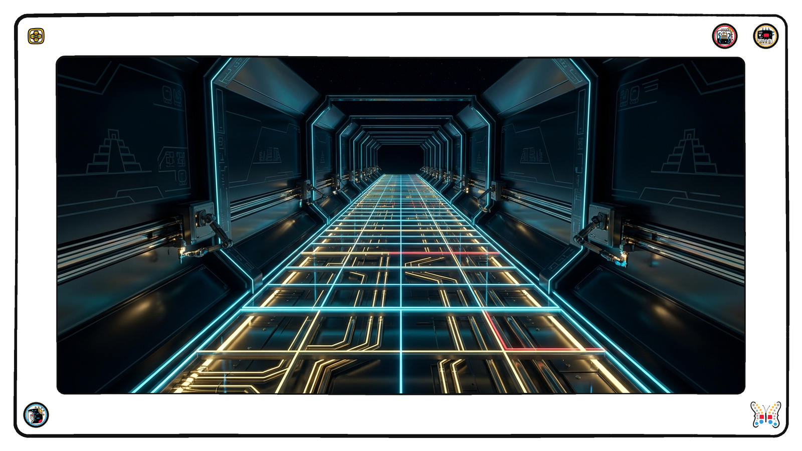 A service corridor deep under the grid floor, its telemetry conduits still lit gold and flowing, but every junction box along its length worked by small automaton arms on rails, not a single human figure anywhere in the passage.