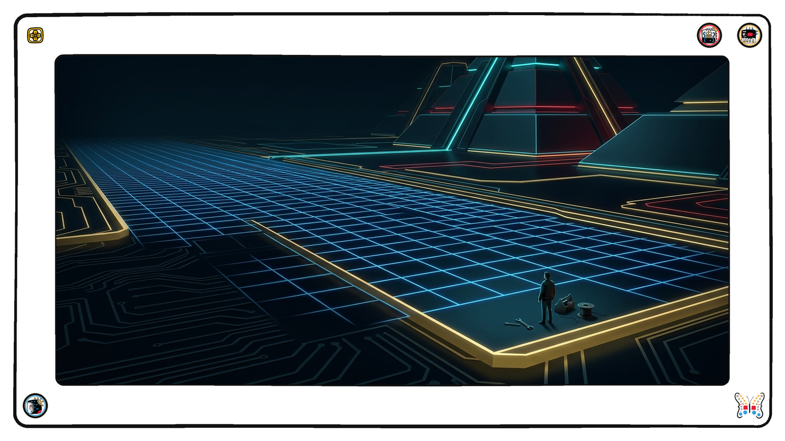 A gold-edged foundation slab beneath the neon grid, mostly dark and cold, with a single small figure standing alone at one corner where a whole crew of figures worked the week before.