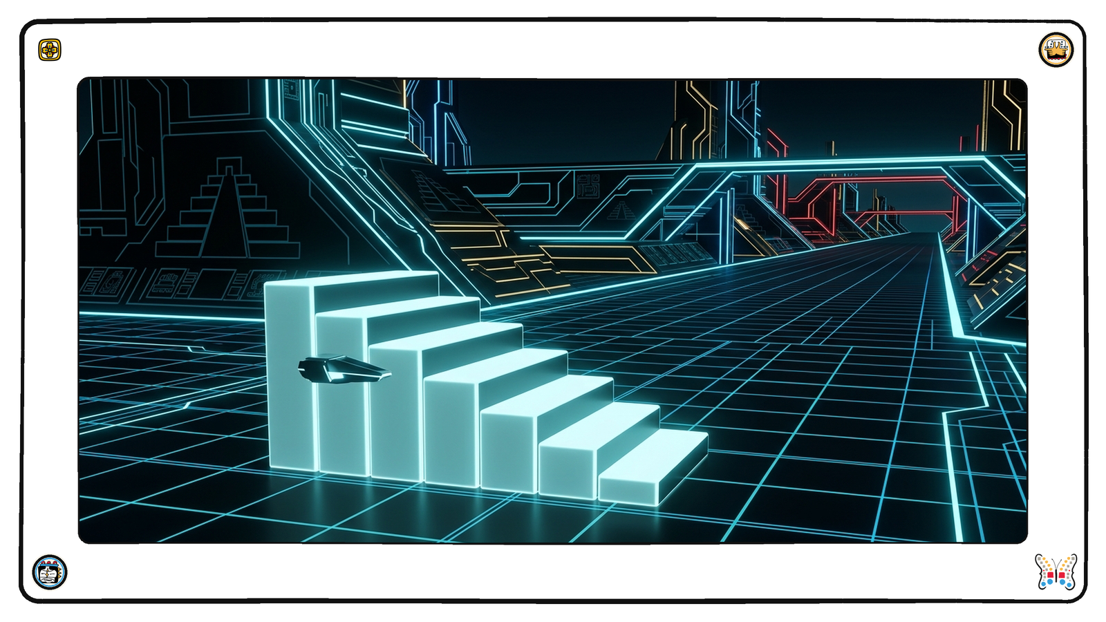 Six smooth blank glowing steps of ascending height rising from an otherwise empty dark neon grid, a single small angular light-vessel hovering beside the second step being sized against it, a long quiet bare plain stretching away behind.