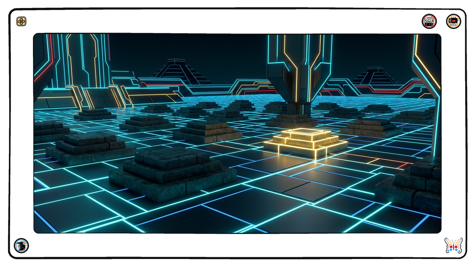 A wide bedrock plain beneath the neon grid, a single new gold-edged footing freshly cut and glowing among older weathered ones, all of them bearing an unseen structure above.