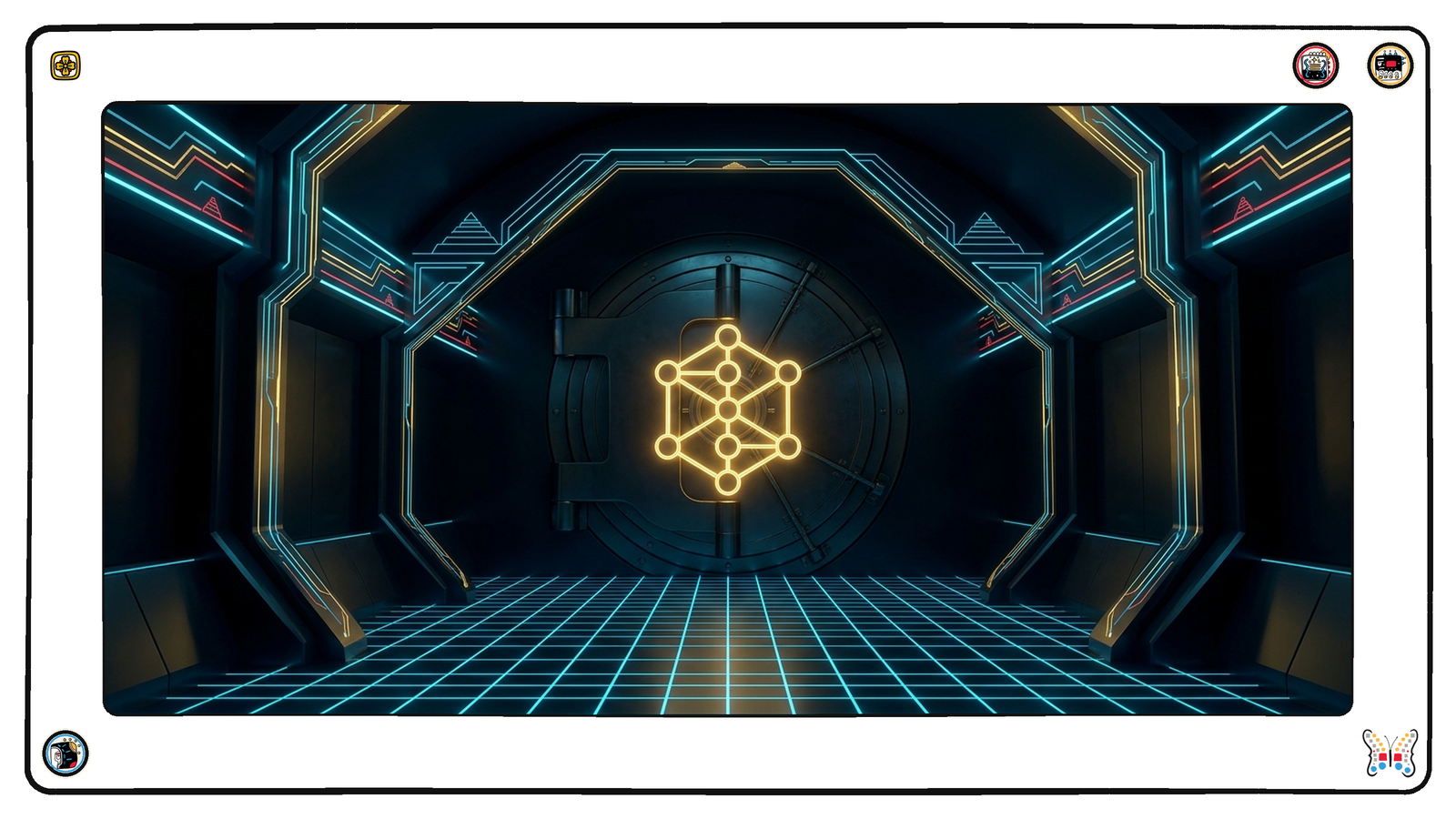 A vaulted chamber beneath the neon grid where one enormous sealed door stands closed and dark, and pinned across its face a single large glowing gold map or chart, lit from within, the only light in the room.