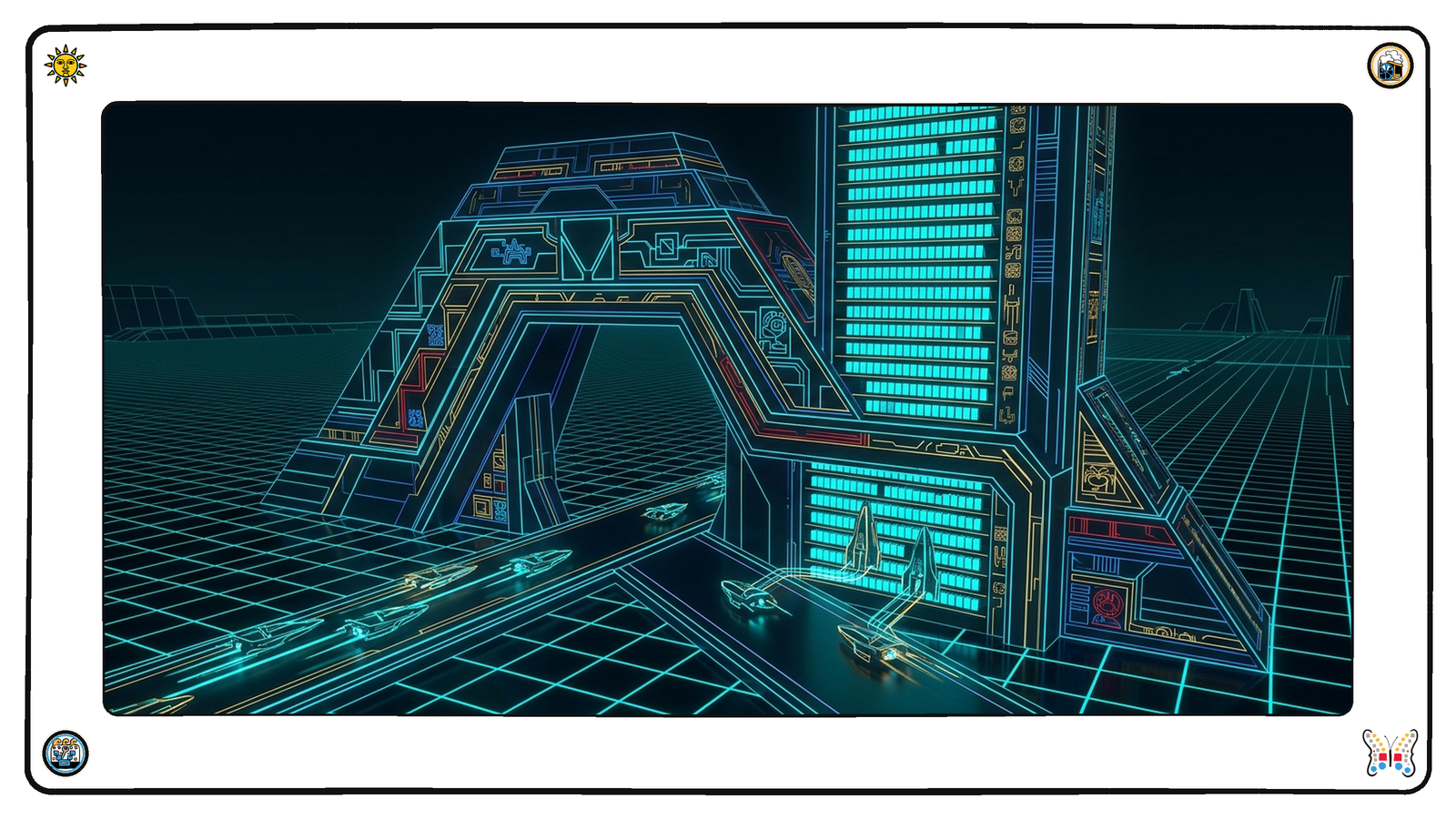 One massive angular gatehouse straddling a dark neon grid with a tall card-index tower built into its side, hundreds of identical glowing tiles slotted into open racks, streams of light-vessels entering and each pausing at the tower before continuing through.