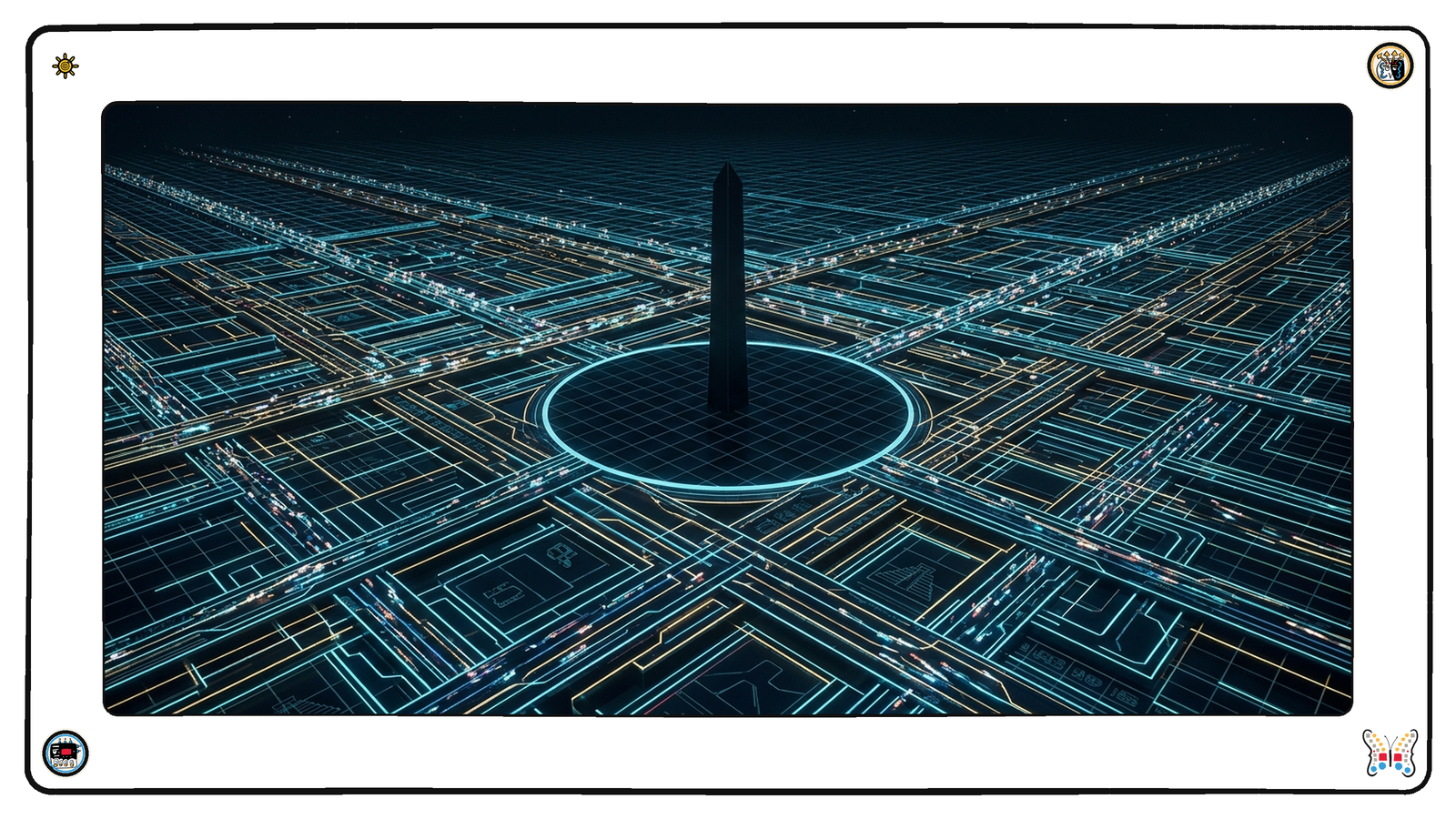 A high wide view of an immense dark neon plain crowded edge to edge with thousands of tiny glowing light-vessels swarming in every direction, and at the exact centre one tall unlit obelisk alone inside a wide empty ring of bare grid that no vessel enters.