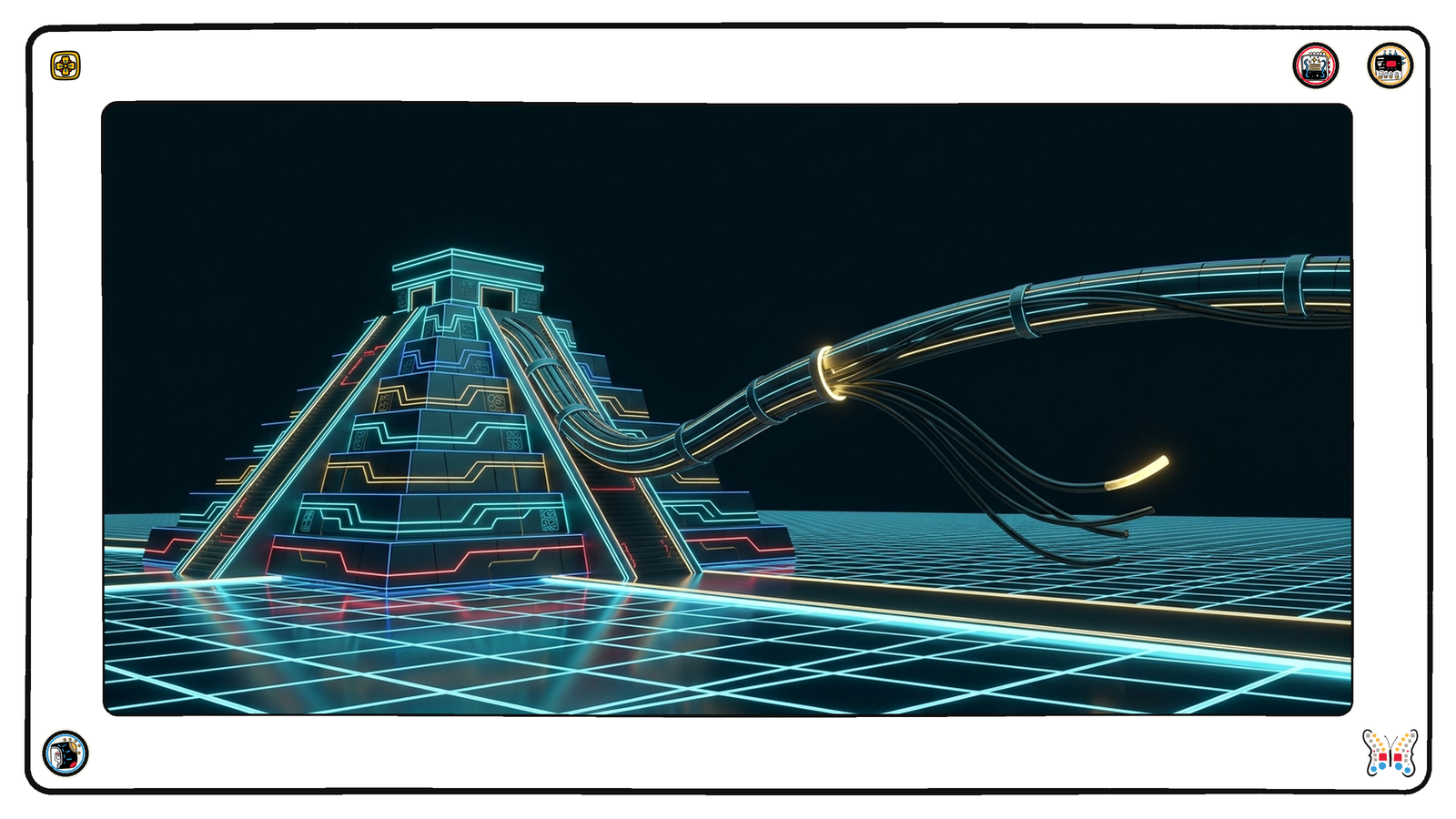 An intact glowing stepped structure standing on the neon grid with a thick bundle of conduits running off it into the dark, the far ends severed and hanging loose above the floor, one of them freshly cut and still faintly glowing.