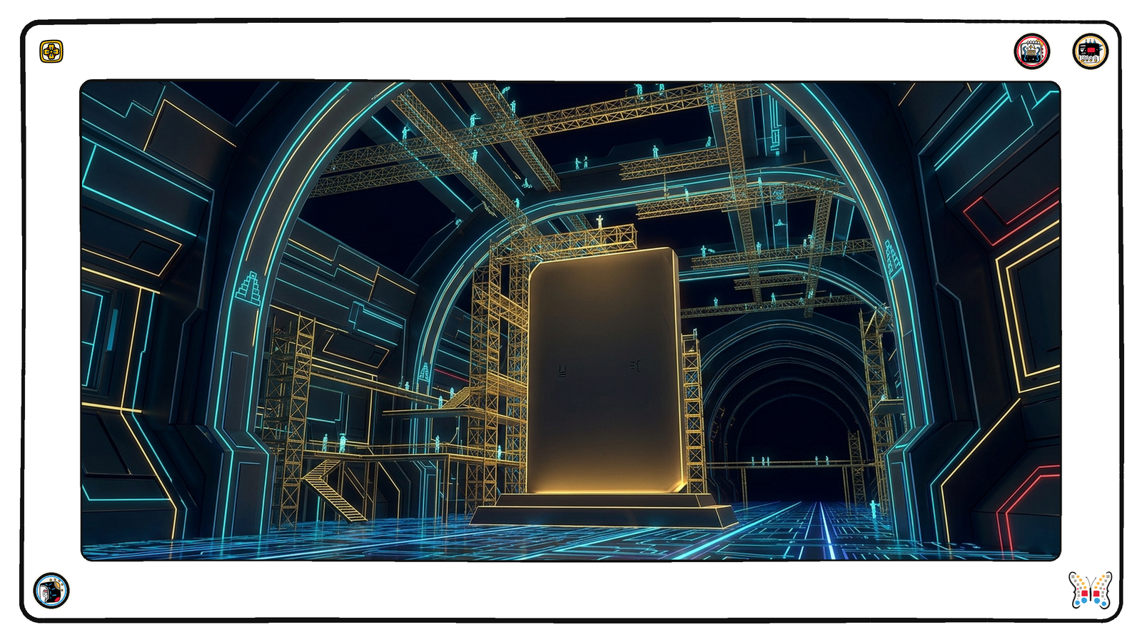 A vaulted undercroft beneath the neon grid where an enormous blank stone tablet stands lit in gold, and on its entire surface just two small carved marks, while all around it dozens of gold scaffolding gantries are being disassembled and rebuilt by tiny figures.