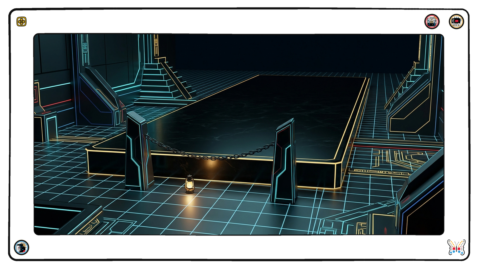 Deep beneath the dark neon grid, a foundation chamber where a colossal gold-edged bedrock slab is bisected by a heavy chain barrier, a single small lit lamp on the near side and the vast structure receding into darkness beyond it.