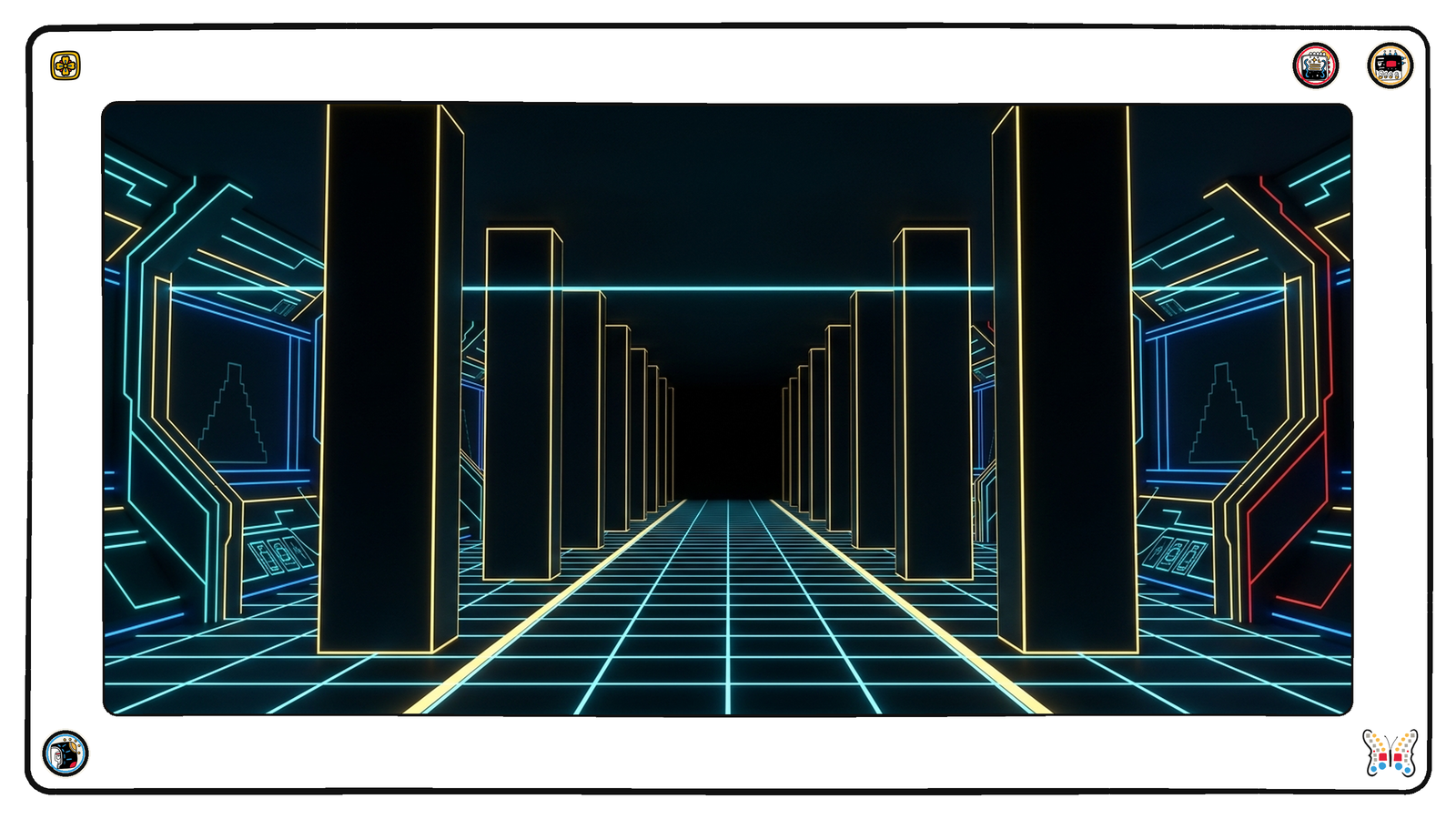 A long subterranean colonnade of tall blank dark monoliths receding into blackness, their edges traced in cold gold, standing silent while the load-bearing neon grid runs on past all of them.
