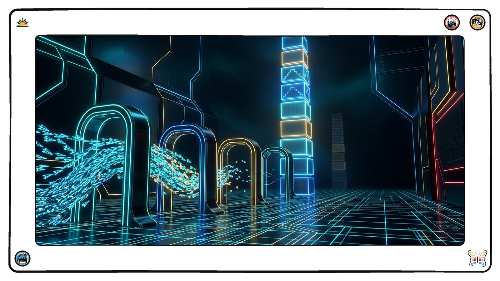 Four smooth glowing toll-arches on a dark neon grid, two of them wide with heavy braided streams of small angular light-vessels flowing through, one moderately busy, one nearly empty, and behind them a tall bare tally-column of stacked light-blocks rising much higher than the week before.