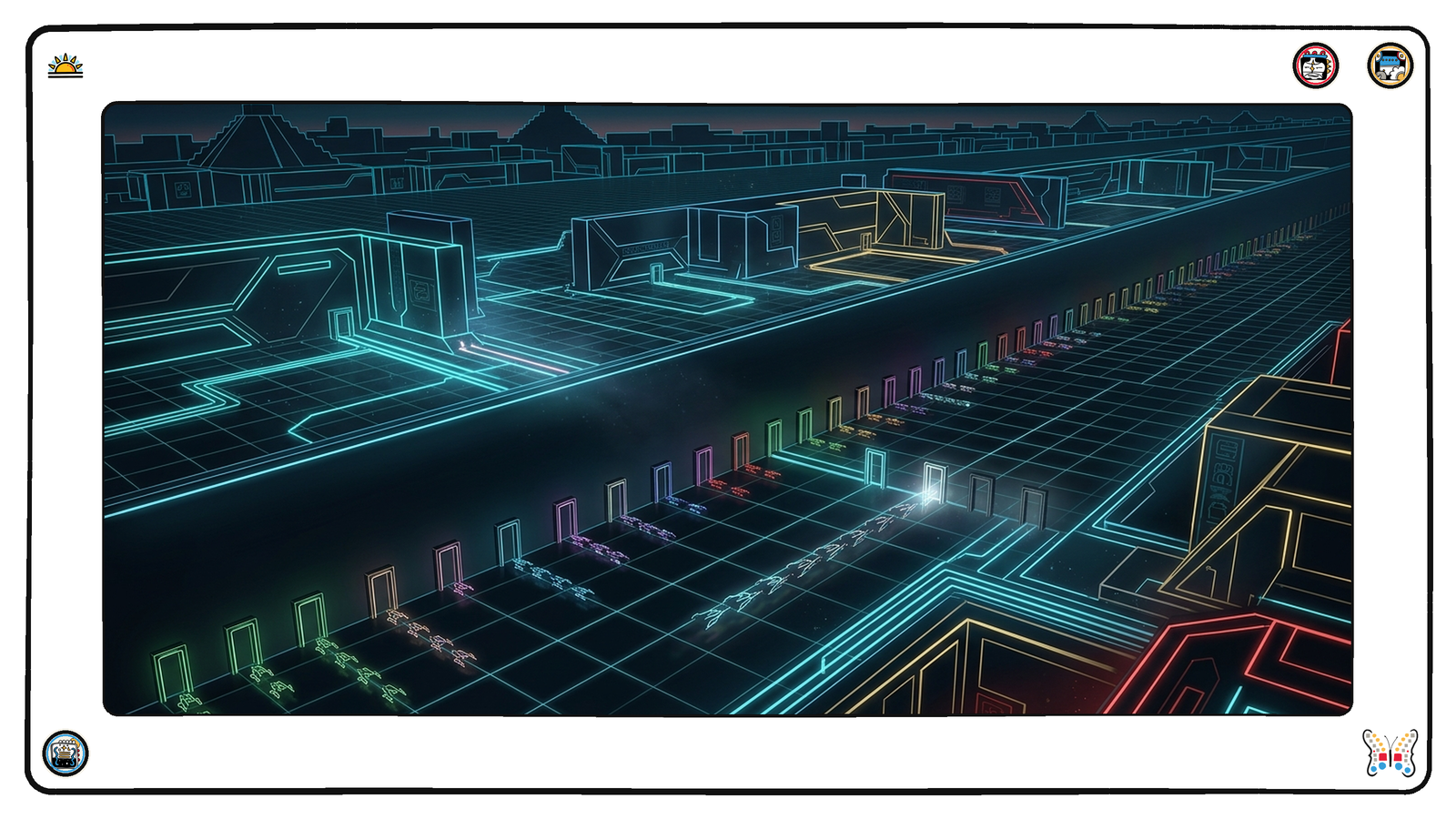 A vast dark neon grid at dusk where a single enormous ceremonial archway has been dismantled into hundreds of small identical service doors set into a low continuous wall, each one lit a different faint colour, with streams of small angular light-vessels queuing at individual doors while one long chain of vessels passes through four doors in sequence and grows visibly dimmer at each one.