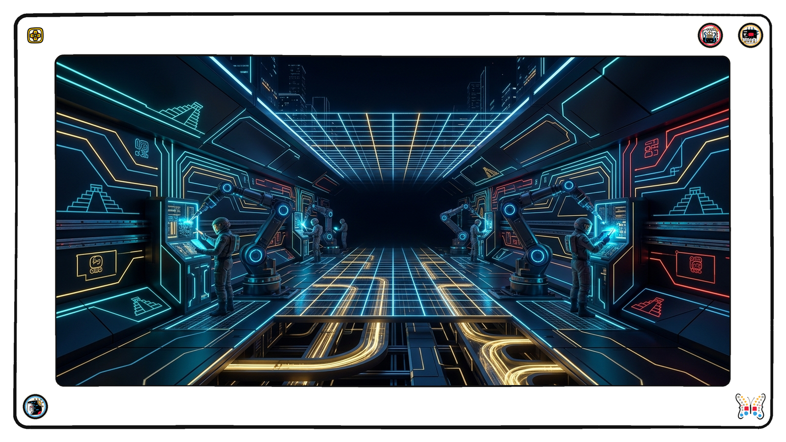 A subterranean service corridor beneath the grid floor, its telemetry conduits lit gold and flowing, where human figures have returned to the junction boxes and work side by side with the automaton arms on rails.