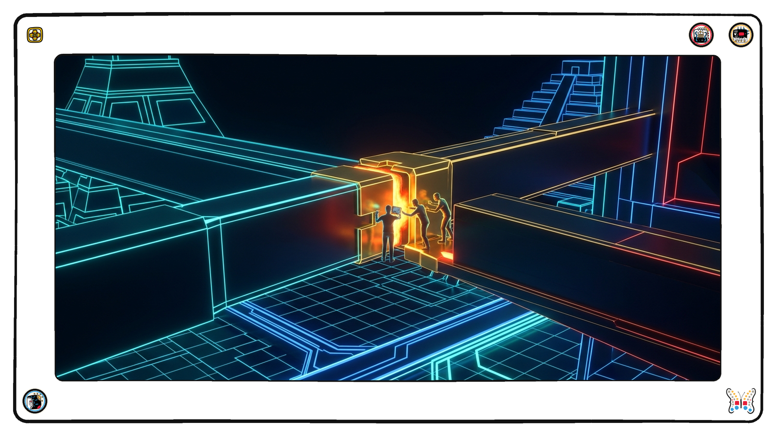 An understructure beneath the neon grid where a small crew of figures fits a single precise interlocking gold joint between two massive beams that did not previously meet, the seam glowing hot.