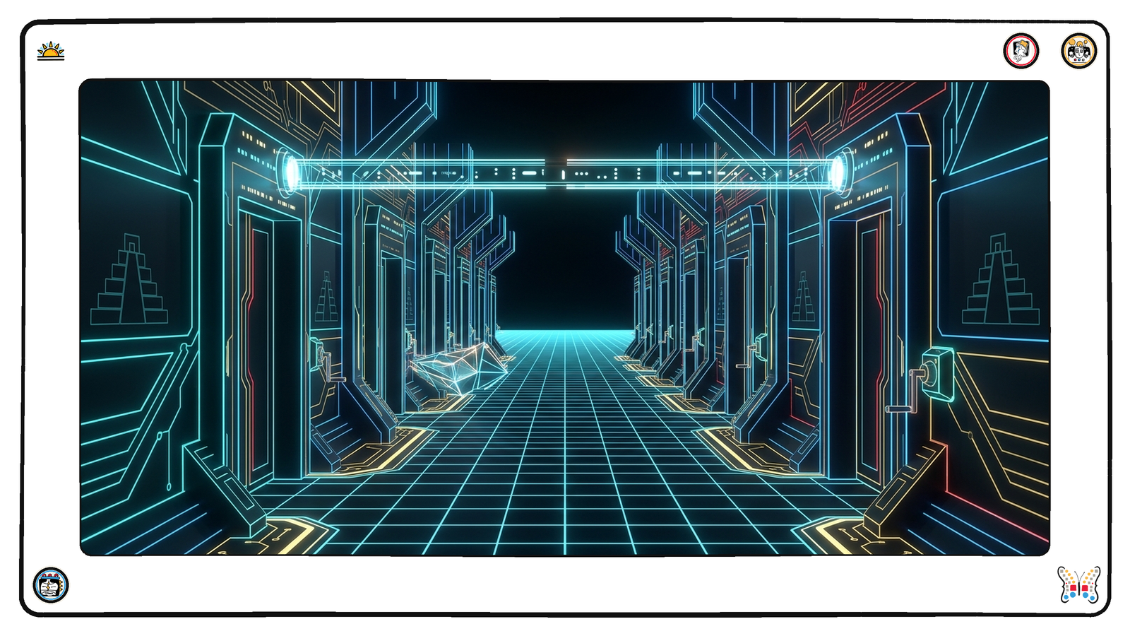A long dark neon corridor lined with a dozen tall doorways, each with a small glowing hand-crank beside it and no automatic mechanism, a single small angular light-vessel stalled at the third doorway, while far above the corridor a bright precise measuring-frame hovers scoring each doorway with rows of small blank light-marks.