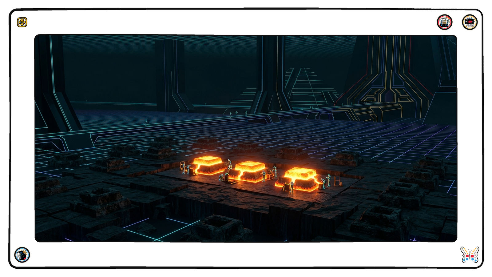A wide bedrock plain far beneath the neon grid where exactly three freshly cut gold footings glow hot and molten side by side, tiny figures working around all three, while many older cold weathered footings sit dark across the rest of the plain.