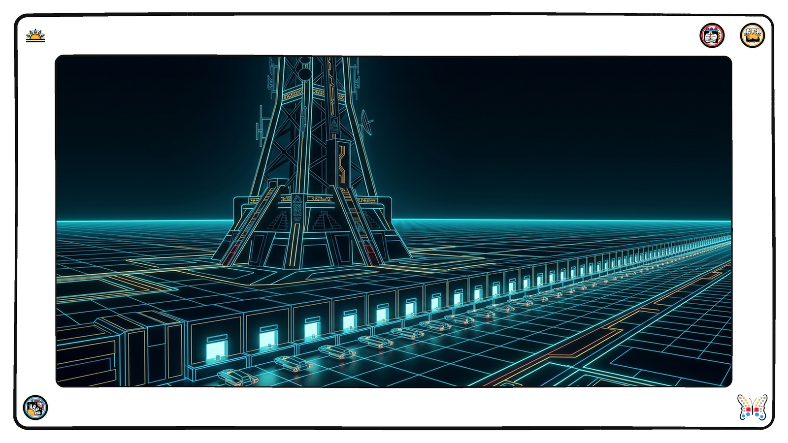 An immense dark neon grid where a towering ornate broadcast spire stands unlit and abandoned, while at ground level a long low utilitarian counter stretches to the horizon lined with dozens of identical small lit service windows, a patient orderly queue of small angular light-vessels at every one.