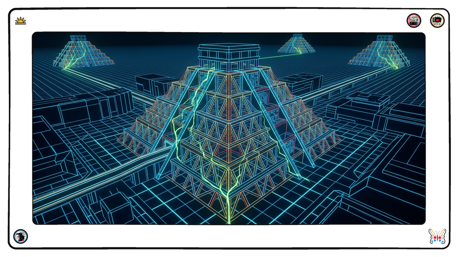 A dark neon grid dominated by one colossal blueprint-lattice structure of clean glowing lines, beautiful and precise, with a thin vein of sickly green light entering at one low corner and branching upward through the lattice, and three smaller identical lattices in the far distance showing the same green vein at the same corner.