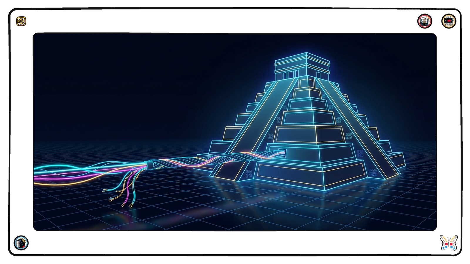 An intact glowing stepped structure standing on the neon grid with a thick bundle of conduits running off it into the dark, the far ends severed and fraying loose above the floor.