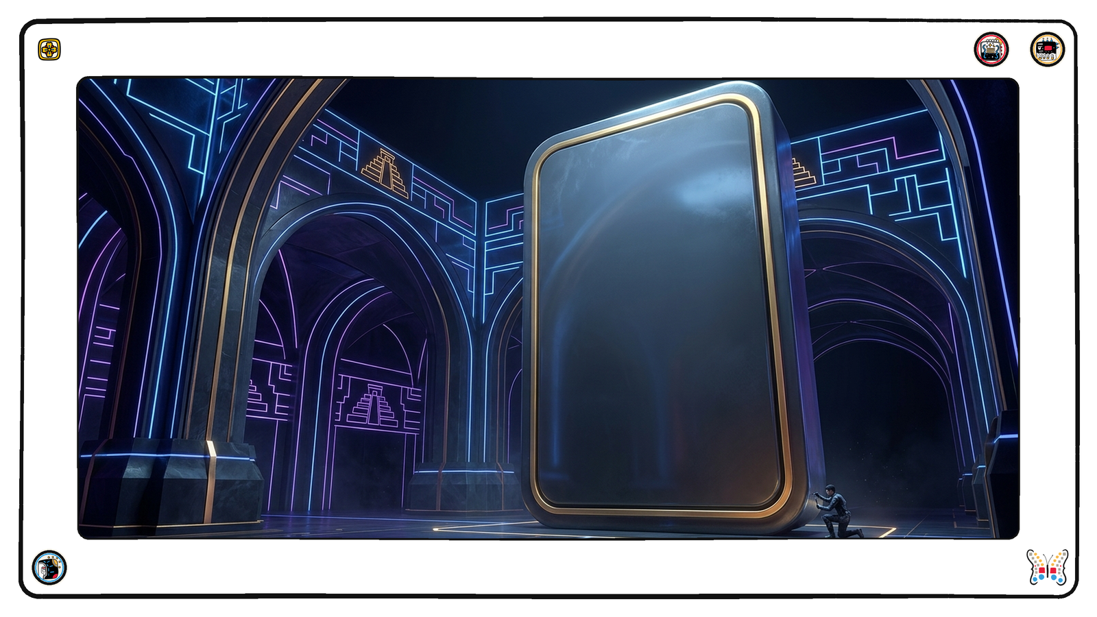 A vaulted undercroft beneath the neon grid where an enormous blank gold-edged tablet stands lit, its vast surface entirely empty and smooth, and a single tiny figure kneels at its bottom corner adjusting one minute notch by hand.