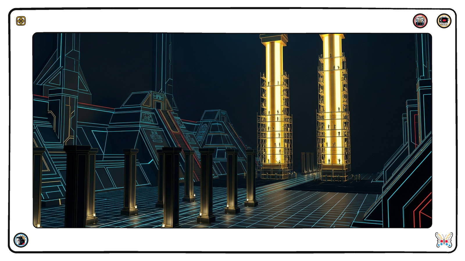 Deep beneath the dark neon grid, a foundation chamber where a surveyed row of catalogued gold-edged columns stands dim and unattended in the foreground, while out past the edge of the surveyed floor two colossal new gold columns blaze at full brightness, wrapped in scaffolding and swarming with tiny working figures.