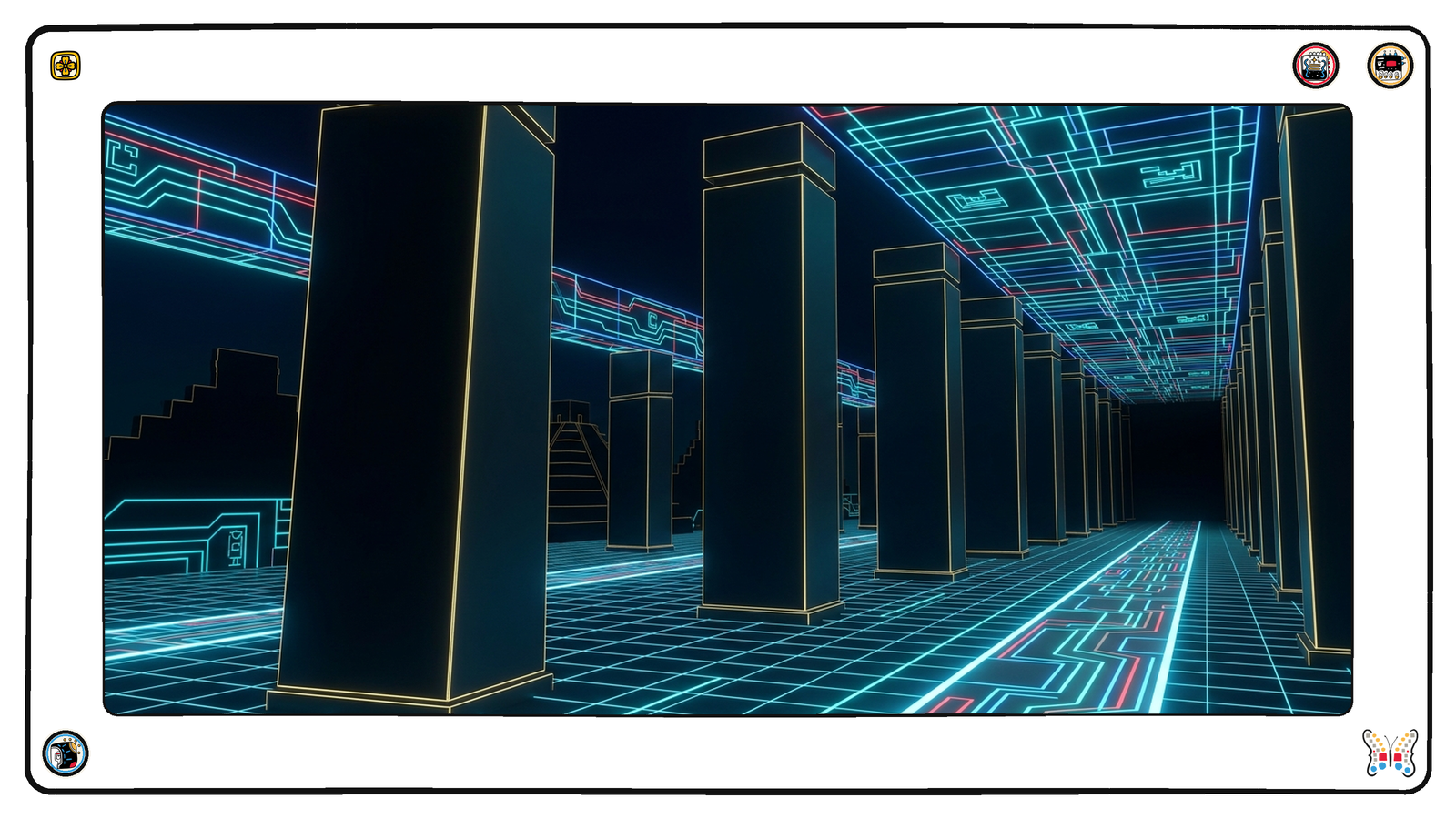 A long subterranean colonnade of tall blank dark monoliths receding into blackness, their edges traced in cold gold, standing silent while the load-bearing neon grid runs on past all of them.