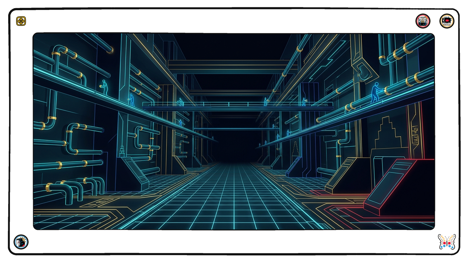 A subterranean conduit hall beneath the grid where every pipe junction carries a small gold band, tiny figures moving along the catwalks fitting more of them, the conduits flowing lit and orderly.