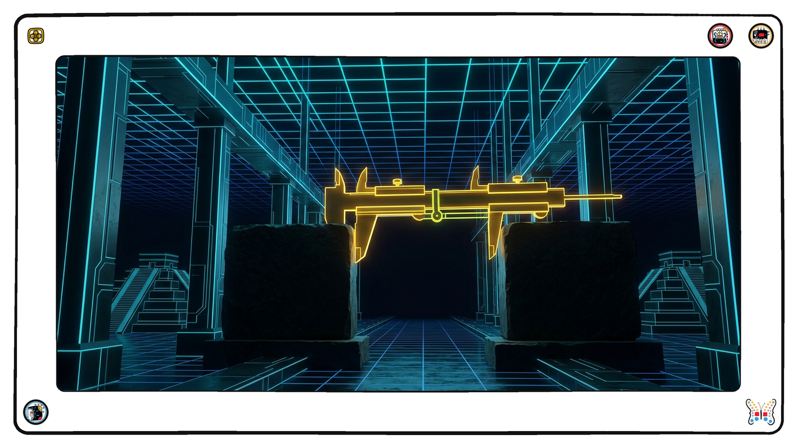 An understructure beneath the neon grid where a bright gold measuring caliper spans between two large stone slabs, comparing them, while the slabs themselves sit unchanged and dark.