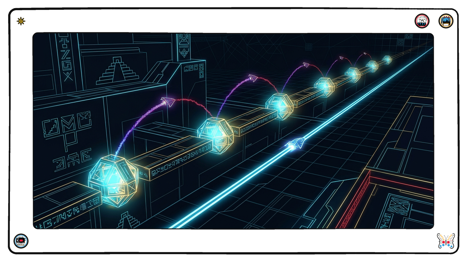 A dark neon expanse where five small angular light-vessels attempt to pass a chain of glowing waypoints by leaping between them through empty air, each leap dimmer and more crooked than the last, while alongside them a single vessel instead lays a continuous solid glowing rail ahead of itself and travels it smoothly past all five.