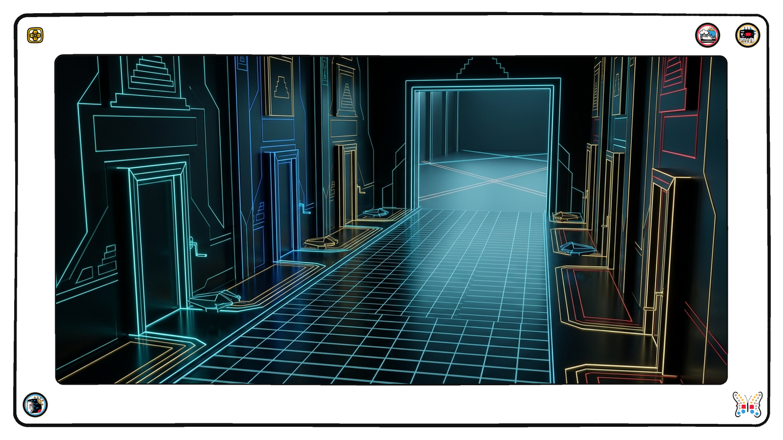 A long dark neon avenue lined with tall unmarked doorways, each with a small glowing hand-crank and no automatic mechanism, small angular light-vessels stalled at four of them, while at the avenue's far end a single vast blank hall stands open and empty, its floor unmarked, with several faint competing boundary lines drawn across it that do not meet.