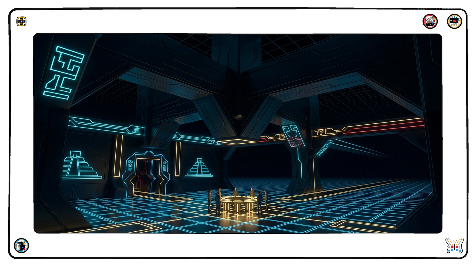 A small underground chamber beneath the grid where a handful of tiny figures stand in a loose circle around a low gold-lit table, deep under an enormous unlit understructure rising away into darkness above them.