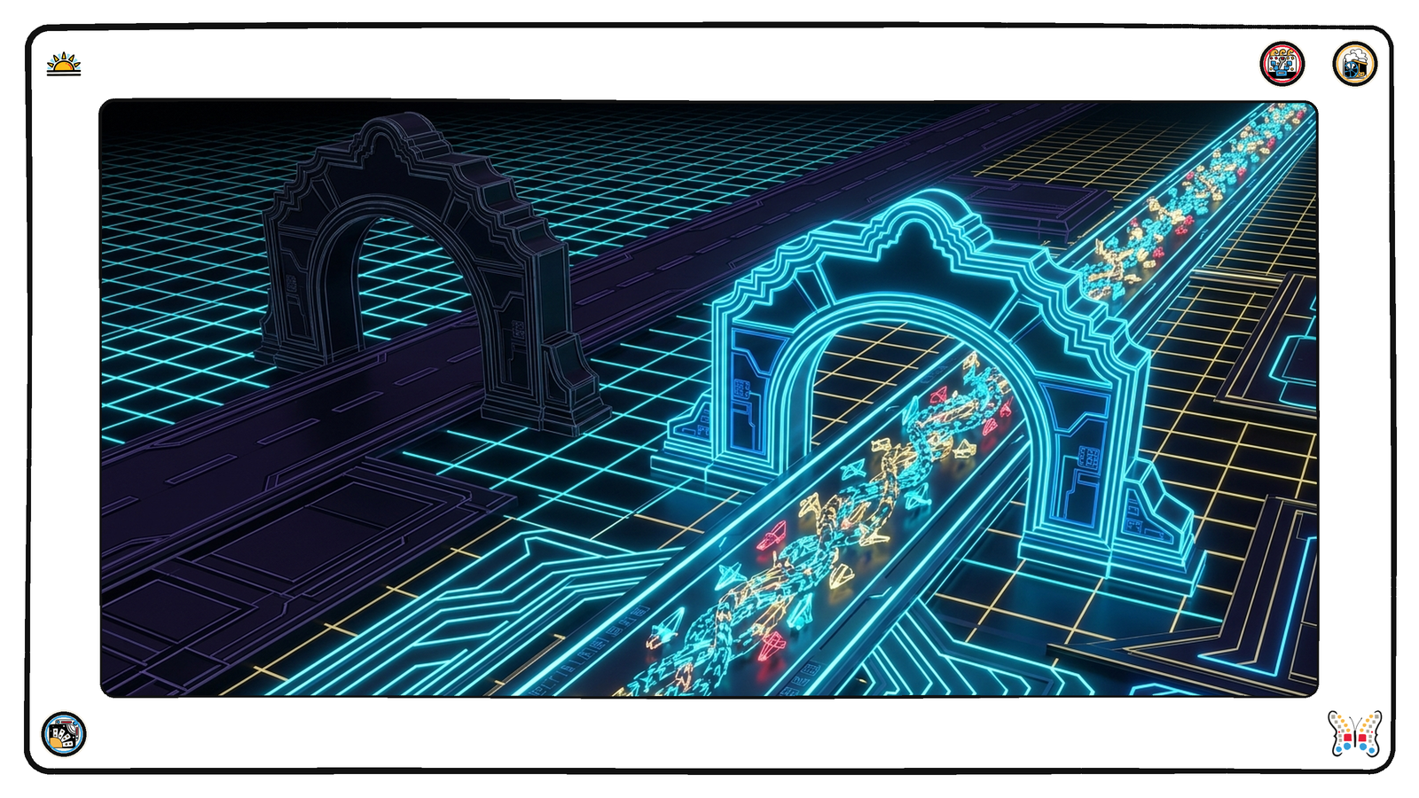 A dark neon plain where an ornate old toll arch stands stranded and dark beside an empty road, while a short distance away a new low broad arch hums with light and a dense braided stream of small angular light-vessels pours through it, the new arch's outline echoing the old one exactly.