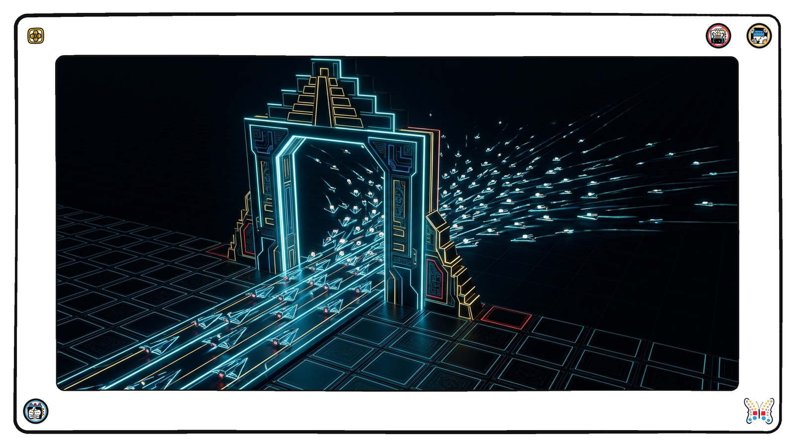A vast dark neon grid at night where hundreds of small angular light-vessels each carry a bright glowing badge, passing unchallenged through a tall gleaming gateway arch, while beyond the arch the vessels scatter in every direction across an unlit plain with no structures, no paths and nothing watching them.