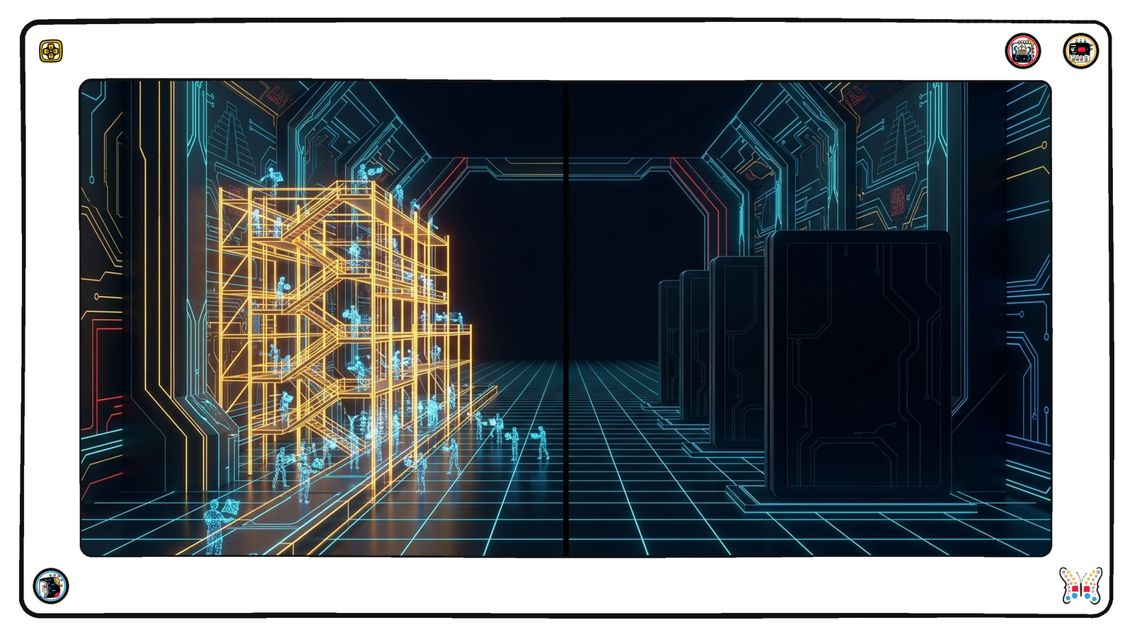 A deep foundation vault split in two: on one side a new gold scaffold swarming with dozens of tiny working figures, on the other a row of older massive finished tablets standing dark, cold and completely unattended.