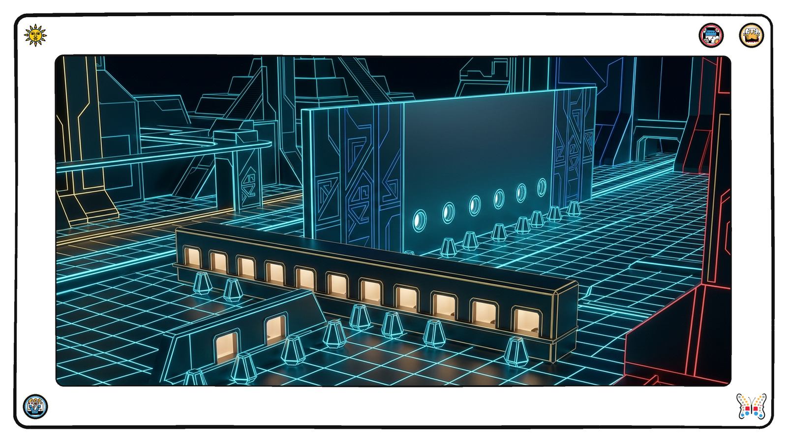 An immense dark neon grid where a long low counter of small warmly lit openings runs across the foreground, and rising directly behind it a tall smooth featureless barrier wall pierced by a row of round glowing scanning apertures, with small angular light-vessels queuing first at the low openings and then again at the apertures above.