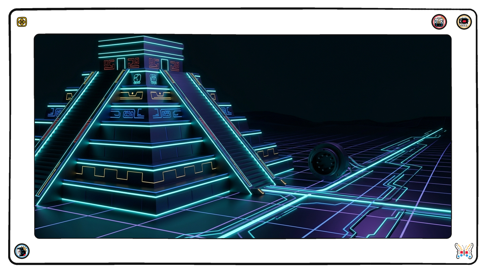 An intact glowing stepped structure standing on the neon grid, and beside it a single conduit socket where no cable was ever attached at all, the empty socket dark and unused while other conduits run lit into the distance.