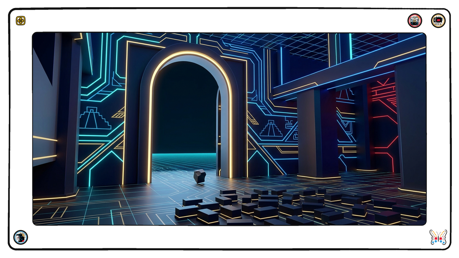 A foundation vault beneath the neon grid where an enormous gold-edged gate stands open, and one single wrong-shaped block passes through it among many identical correct blocks, the gate glowing gold and indifferent.