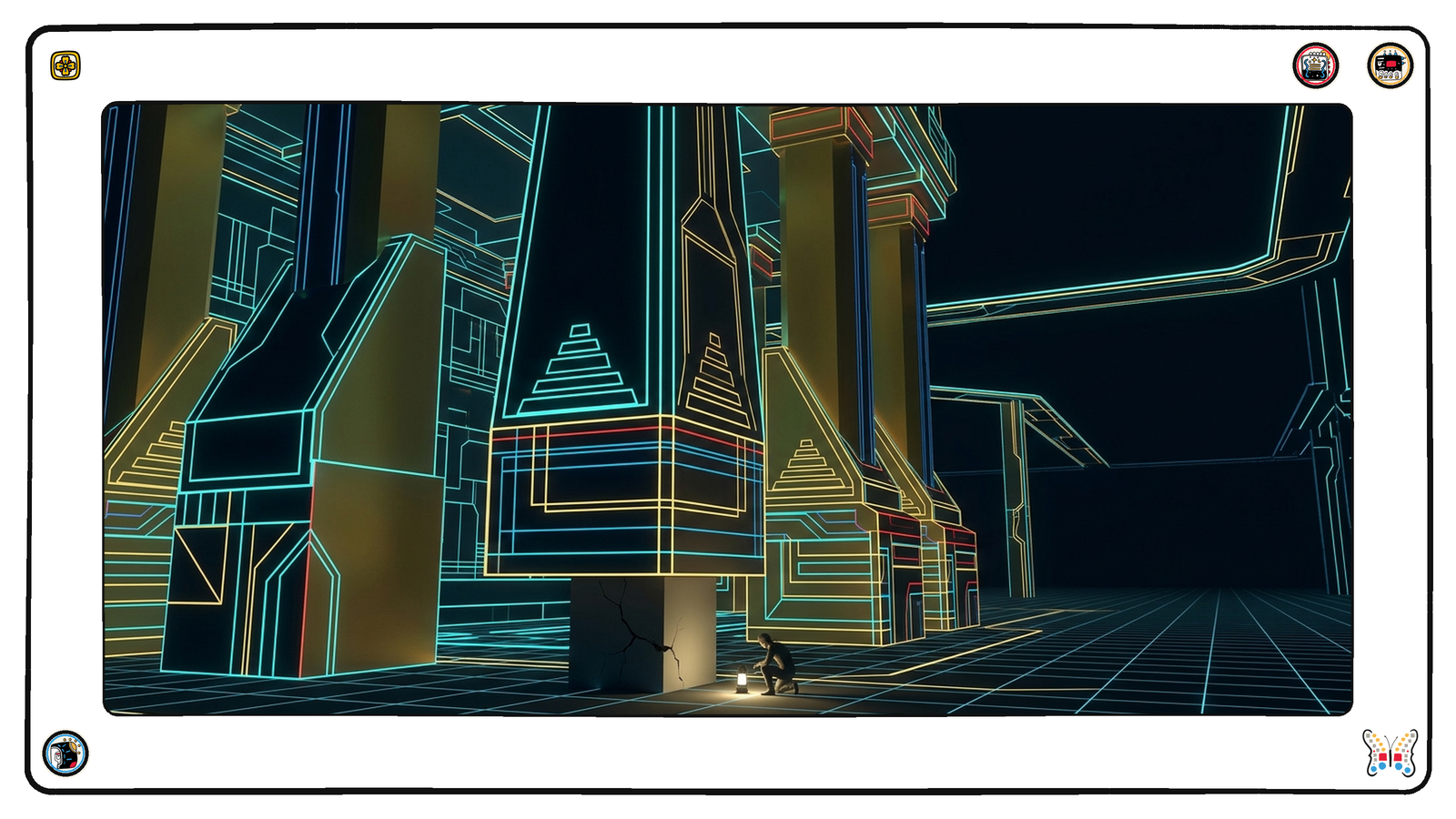 Far beneath the neon grid, an immense structure of gold columns rests its entire weight on one small, plain, cracked keystone block at the bottom of the foundation, the lit structure above gone dim, a single tiny figure crouched beside the keystone with a lamp.