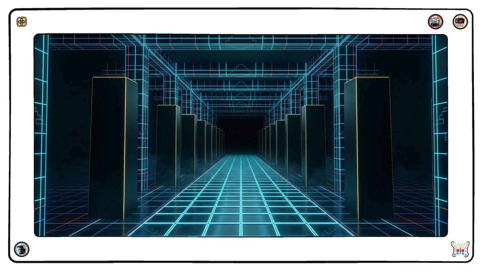 A long subterranean colonnade of tall blank dark monoliths receding into blackness, their edges traced in cold gold, standing silent while the load-bearing neon grid runs on past all of them.