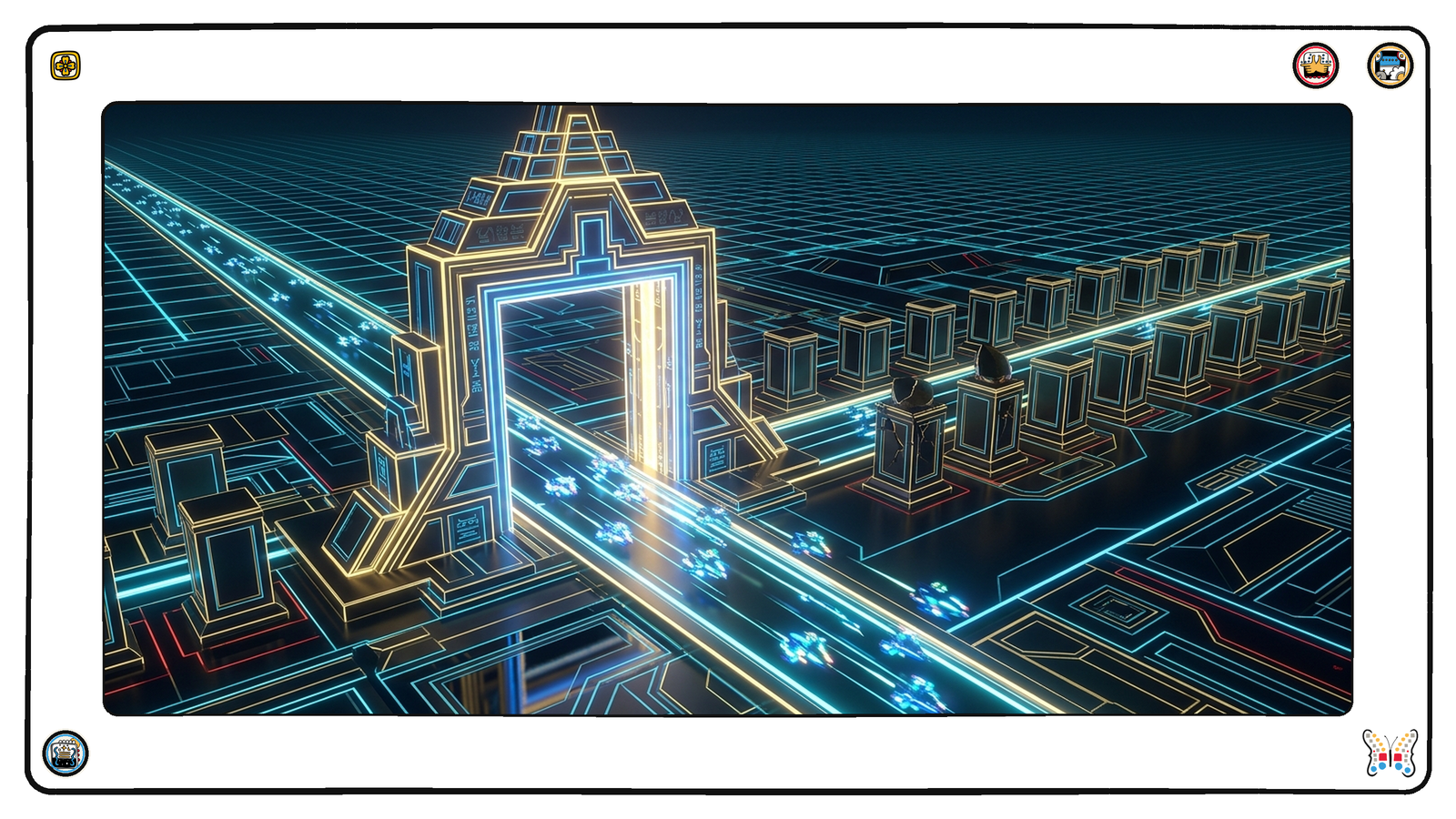 A vast dark neon grid where a towering brilliantly lit checkpoint gate stands wide open, streams of small angular light-vessels pouring through it unimpeded, and immediately behind the gate a long row of empty pedestals where control mechanisms should stand — most of them bare, a few holding cracked and dark fragments.