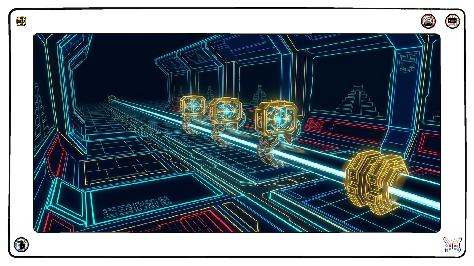 A subterranean conduit hall where one pipe run carries three identical gold test-rigs clamped along its length, each lit, and at the end of the run a heavy gold seal clamped shut.