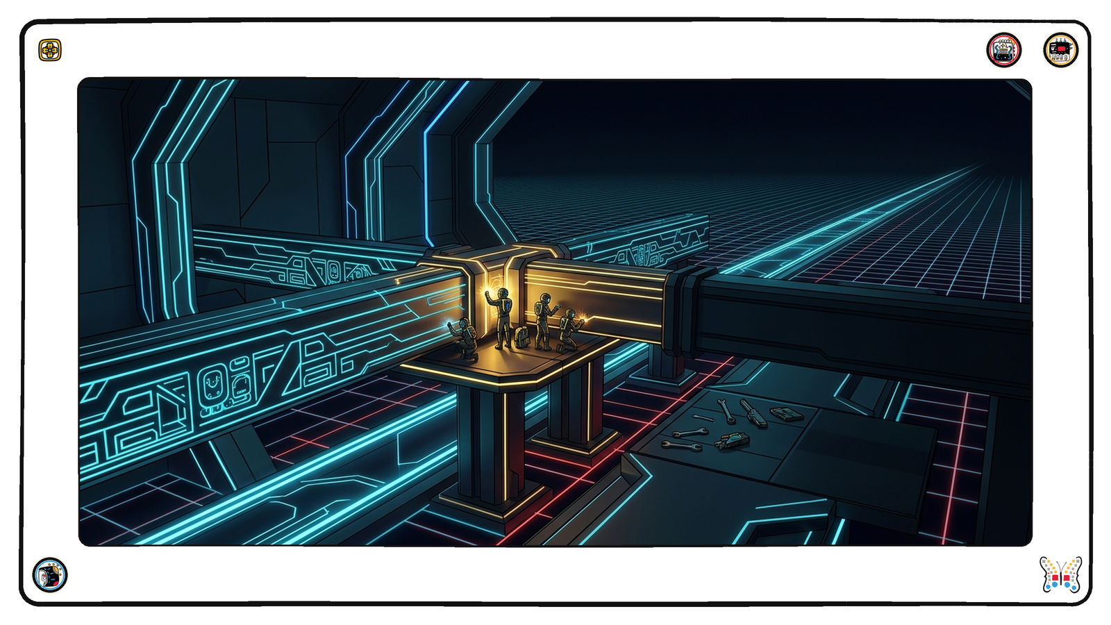 An understructure beneath the neon grid where a crew of small figures works a gold-lit beam joint while beside them a second crew's tools lie set down mid-task on the dark floor, the work passed from one crew to the other.