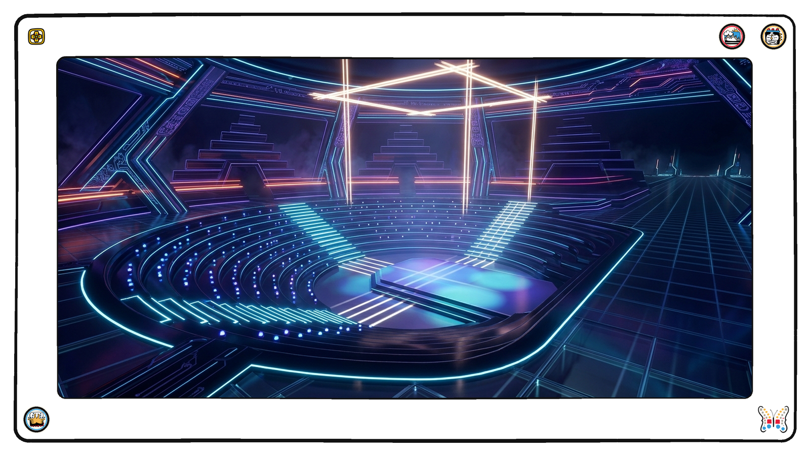 A dark neon amphitheatre seen from within, its concentric curved tiers lit with rows of small steady seat-lights facing a low central dais, while above the dais an open measuring-frame of bright beams hovers, casting an even grid of light across every tier.