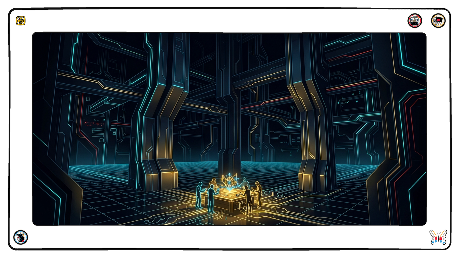 A small underground chamber beneath the grid where a handful of tiny figures cluster around one gold-lit workbench carrying a single small structure freshly assembled and glowing, the vast dark understructure rising away above them.