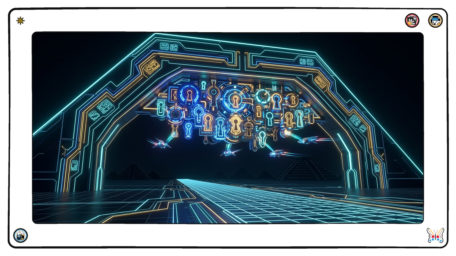 A dark neon plain where a wide bright gateway arch stands over a roadway, and set into the arch's underside a dense cluster of locking mechanisms and keyed apertures glows far brighter and more intricate than the arch itself, small angular light-vessels pausing at each aperture in turn.