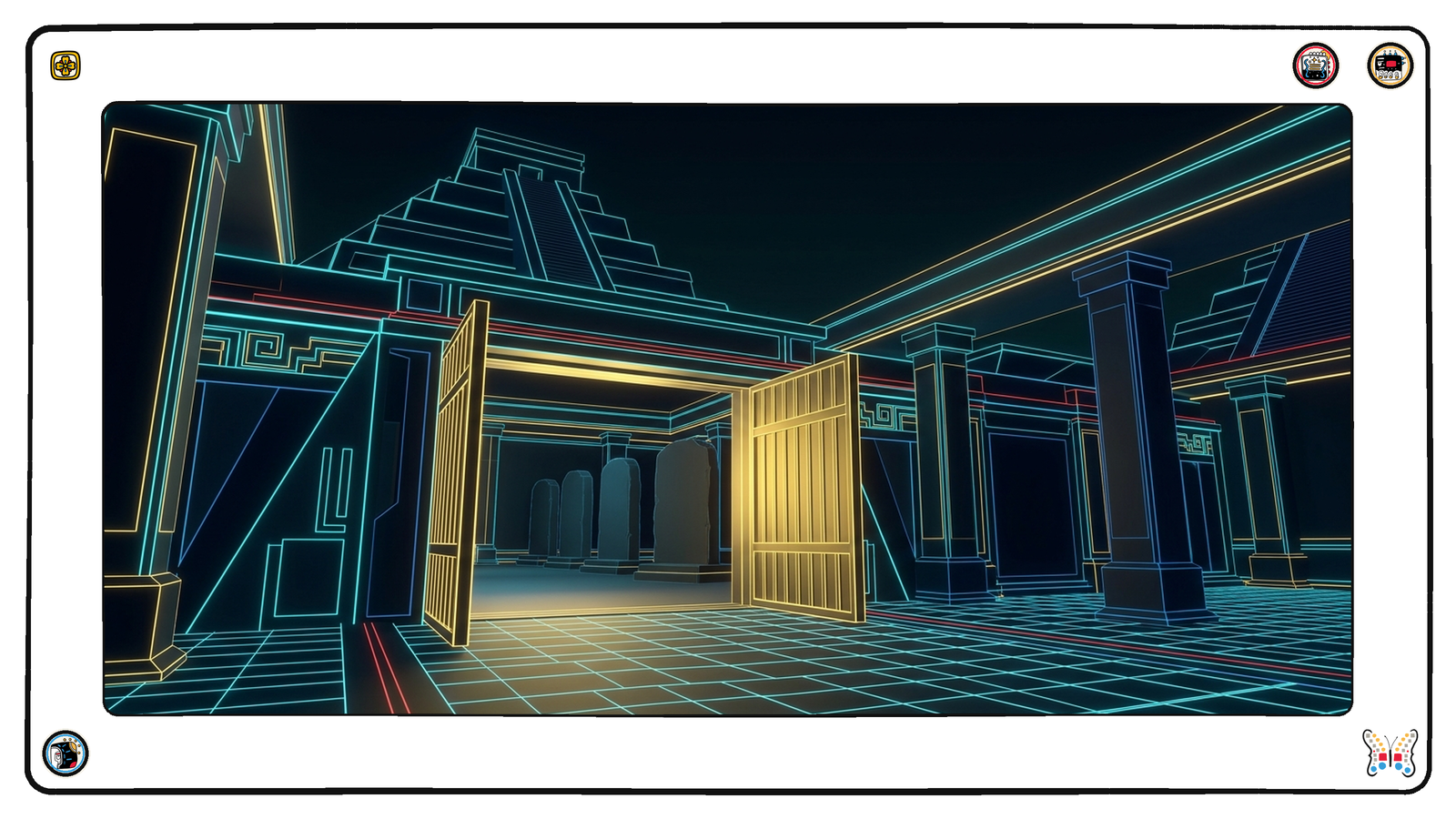A vast foundation vault where a heavy gold gate has swung fully open on an empty hall, and beyond it a long row of enormous finished tablets stands completely dark, cold and unattended, with no figures anywhere.